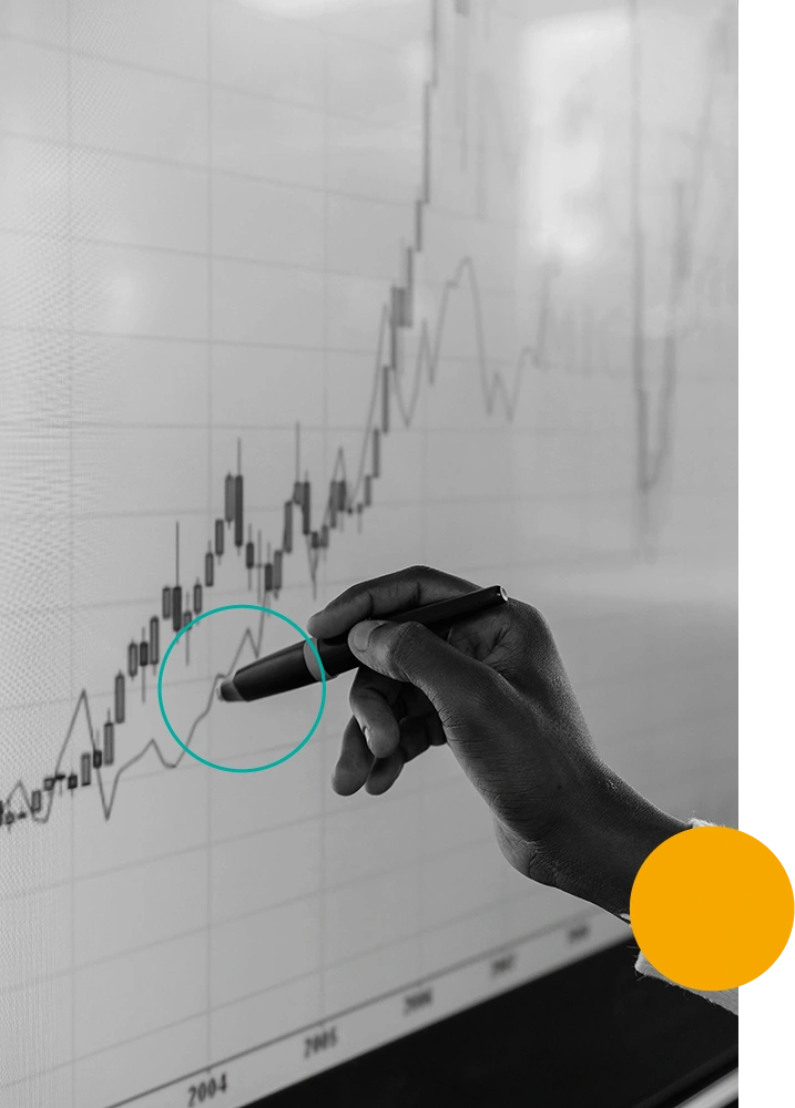 Hand holding pen to point and analyze a graph at Minerva Insights Group